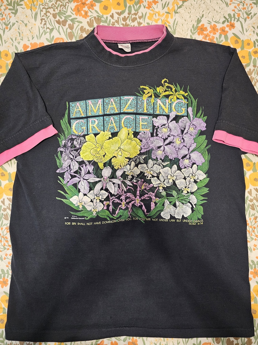 Vintage 1993 Amazing Grace Floral Tee - Black & Pink